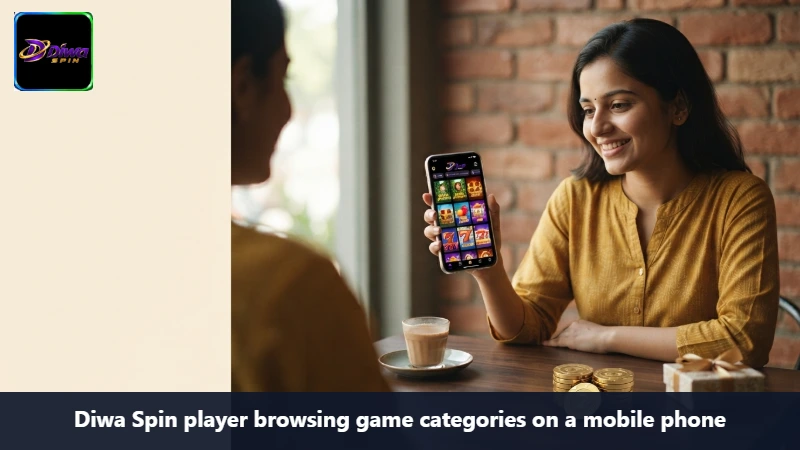 Diwa Spin player browsing game categories on a mobile phone